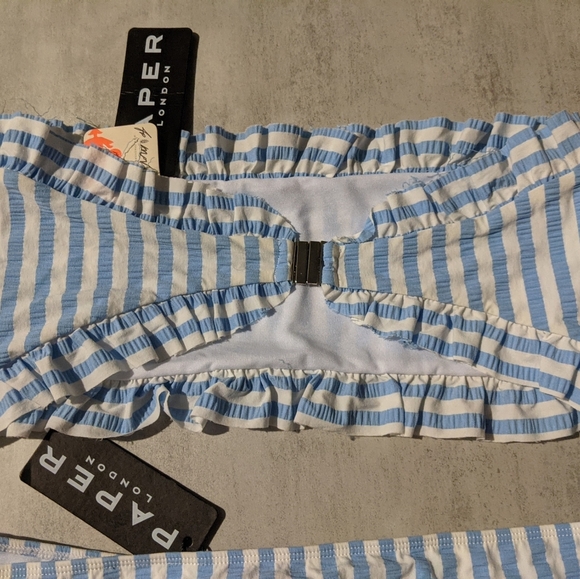 NWT Free People x Paper Blue White Striped Ruffle Bikini, L / XL - Picture 9 of 15